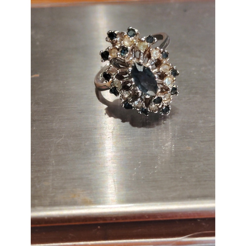 Vintage Espo 14k GE Sunburst Cocktail Ring Marquise Gray Aqua Blue Size 7